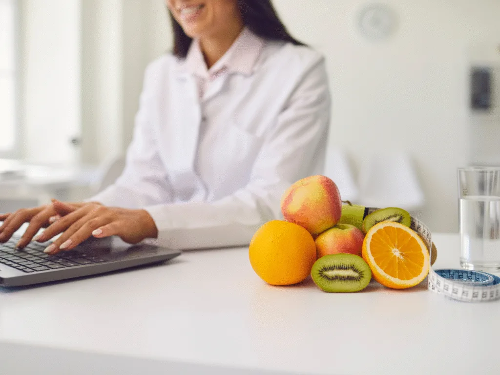 Vancouver Nutritionist writing a report with a pile of fruit and measuring tape on the desk.