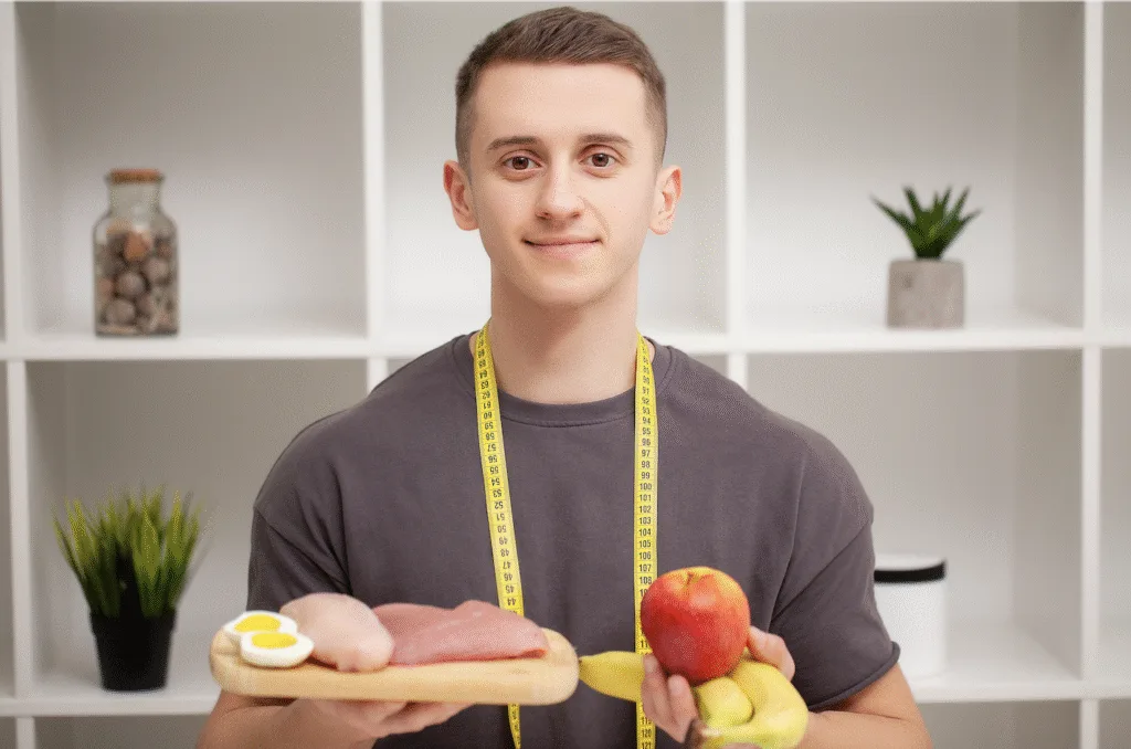 nanimo dietician holding meats and fruits with tape measure around neck