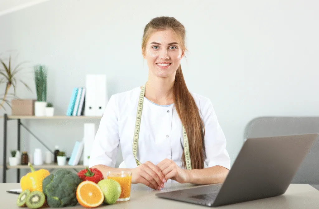 kamloops dietician with measuring tape and fruit on deck