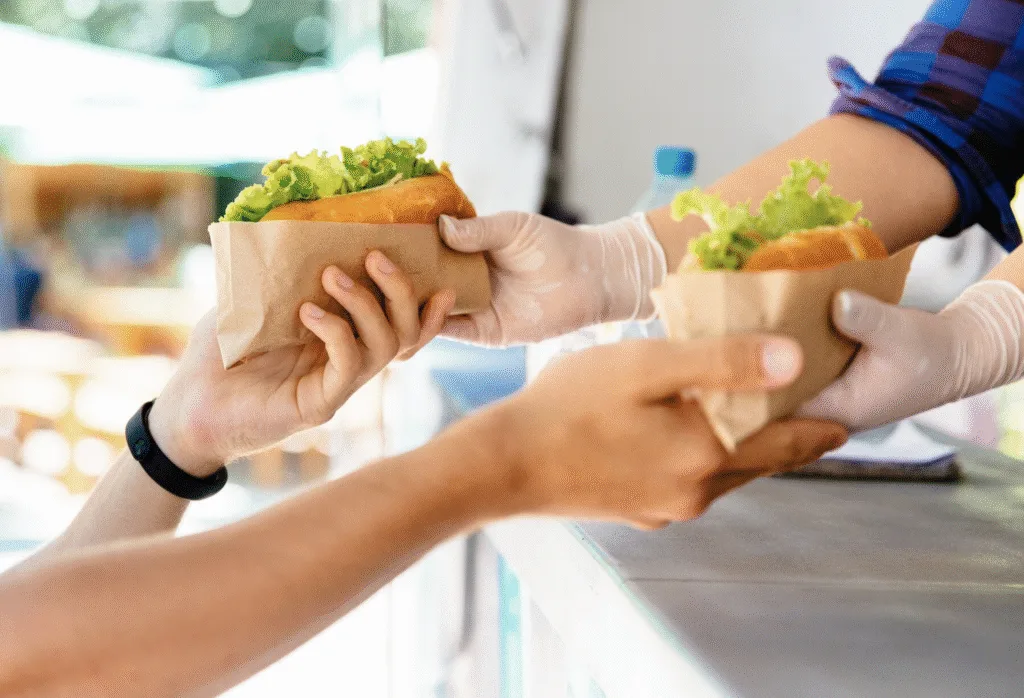 a fast food drive thru handoff of healthy sandwiches.