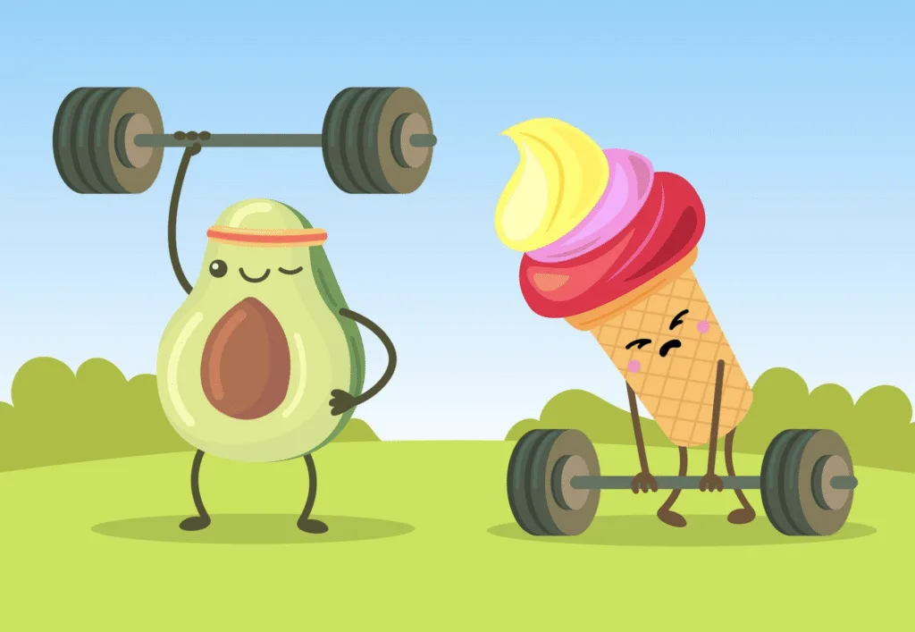 avocado lifting weight while dairy ice cream cone is weak and can't lift 