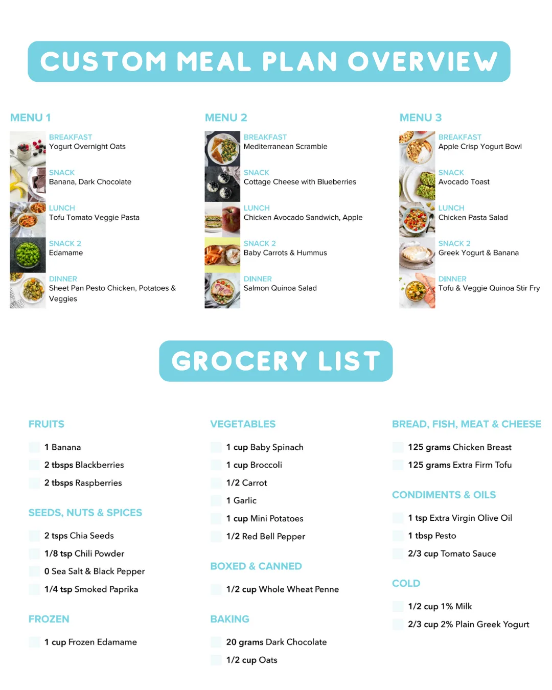 Diet Redefined custom meal plan overview with meal ideas and a grocery list