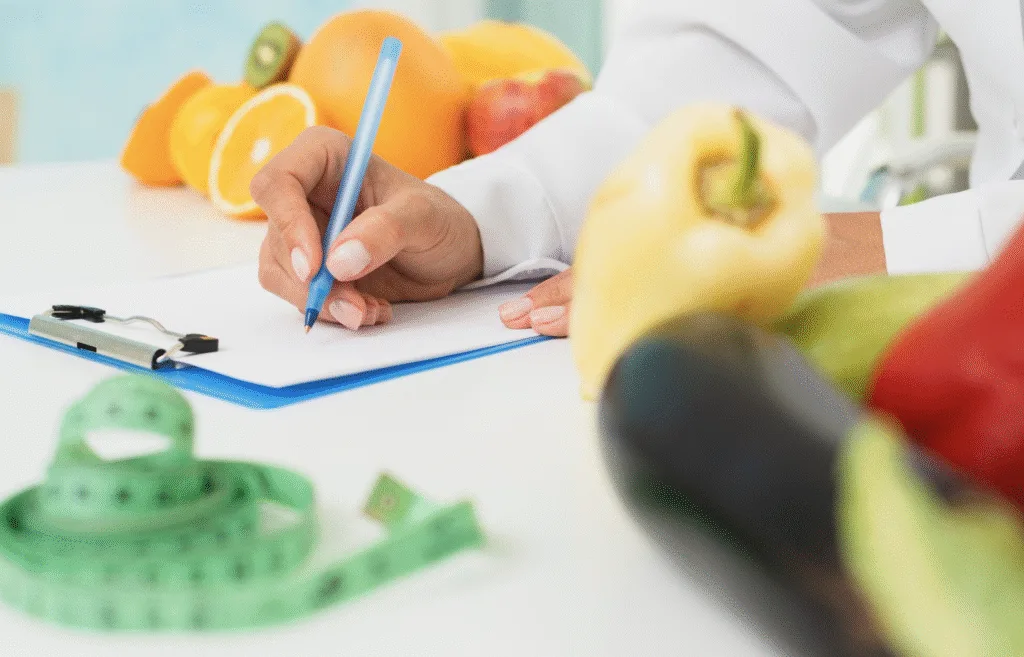 nutrition counselling with a dietitian writing on a clipboard surrounded by fruits and vegetables
