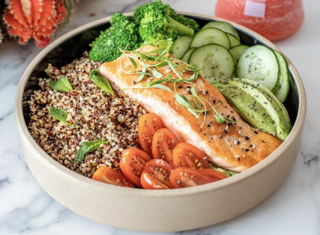 High-fiber meal with salmon, quinoa, broccoli, cucumber, avocado, and tomatoes for healthy weight loss