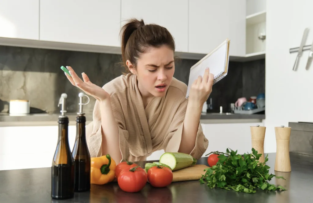 Woman feeling frustrated while planning healthy meals, illustrating common weight loss mistakes and diet confusion