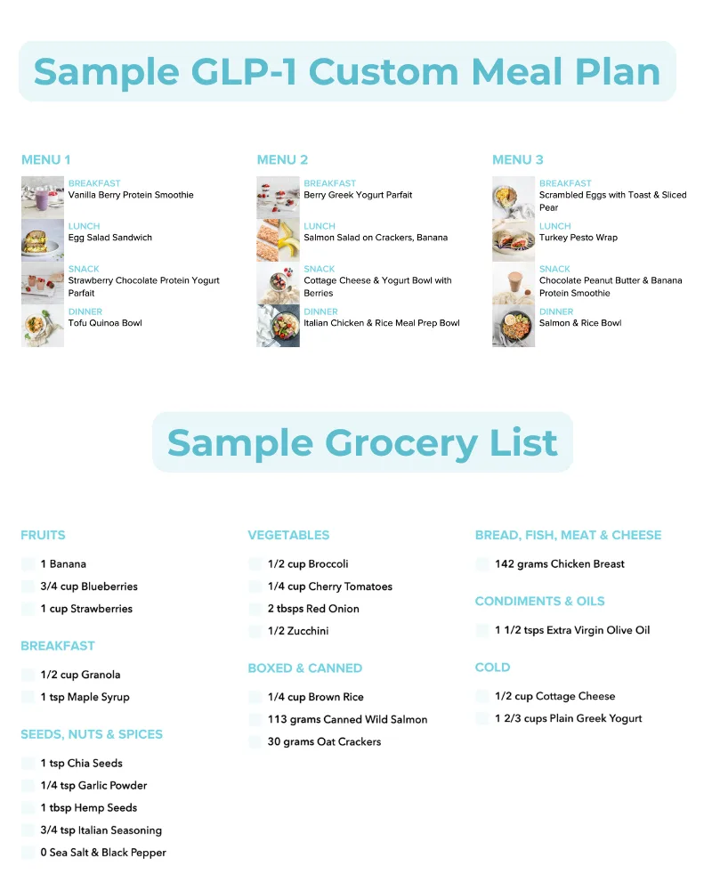 Diet Redefined GLP-1 custom meal plan overview with meal ideas and a grocery list