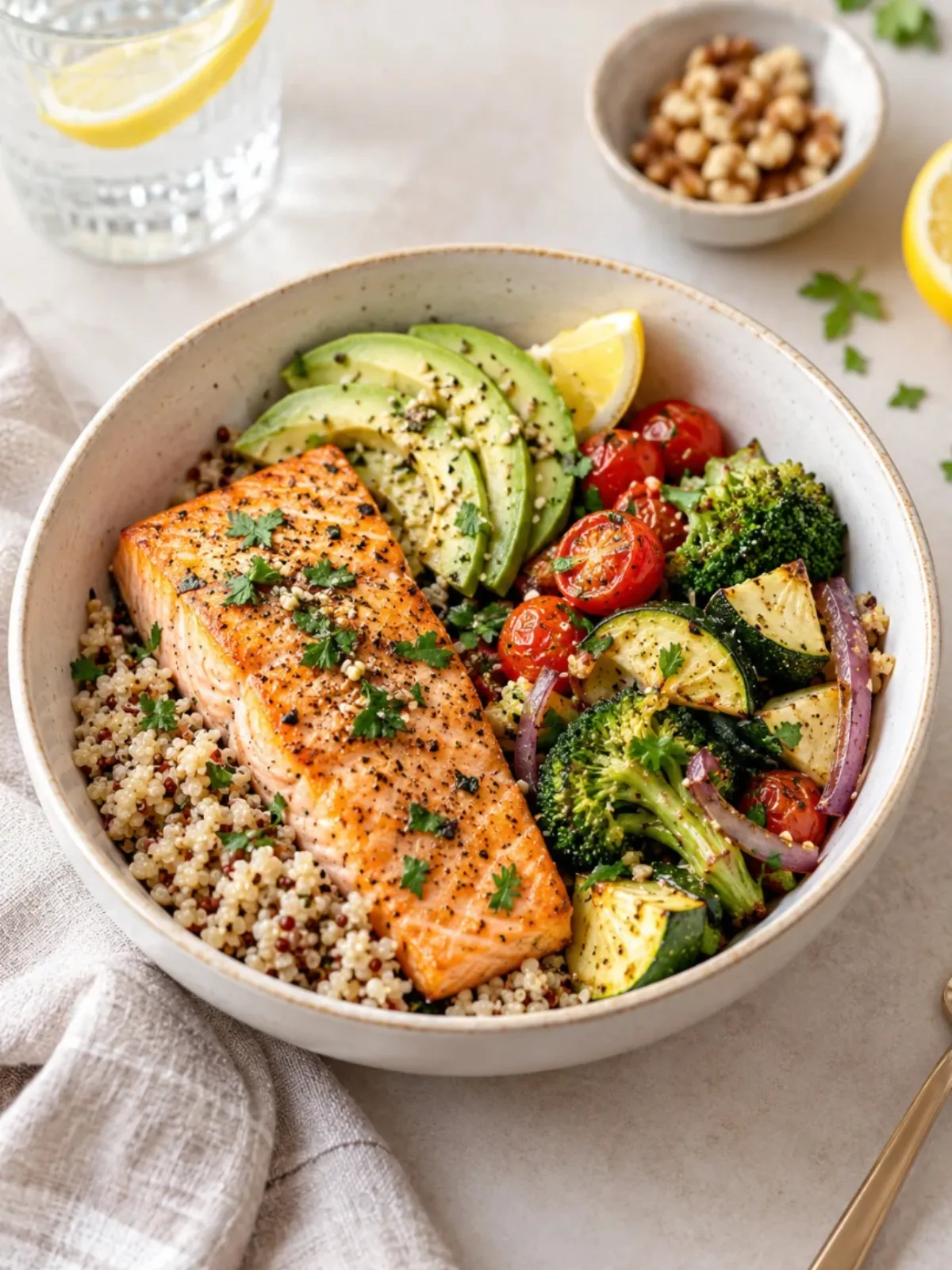 Mediterranean-style salmon bowl with quinoa, vegetables and avocado