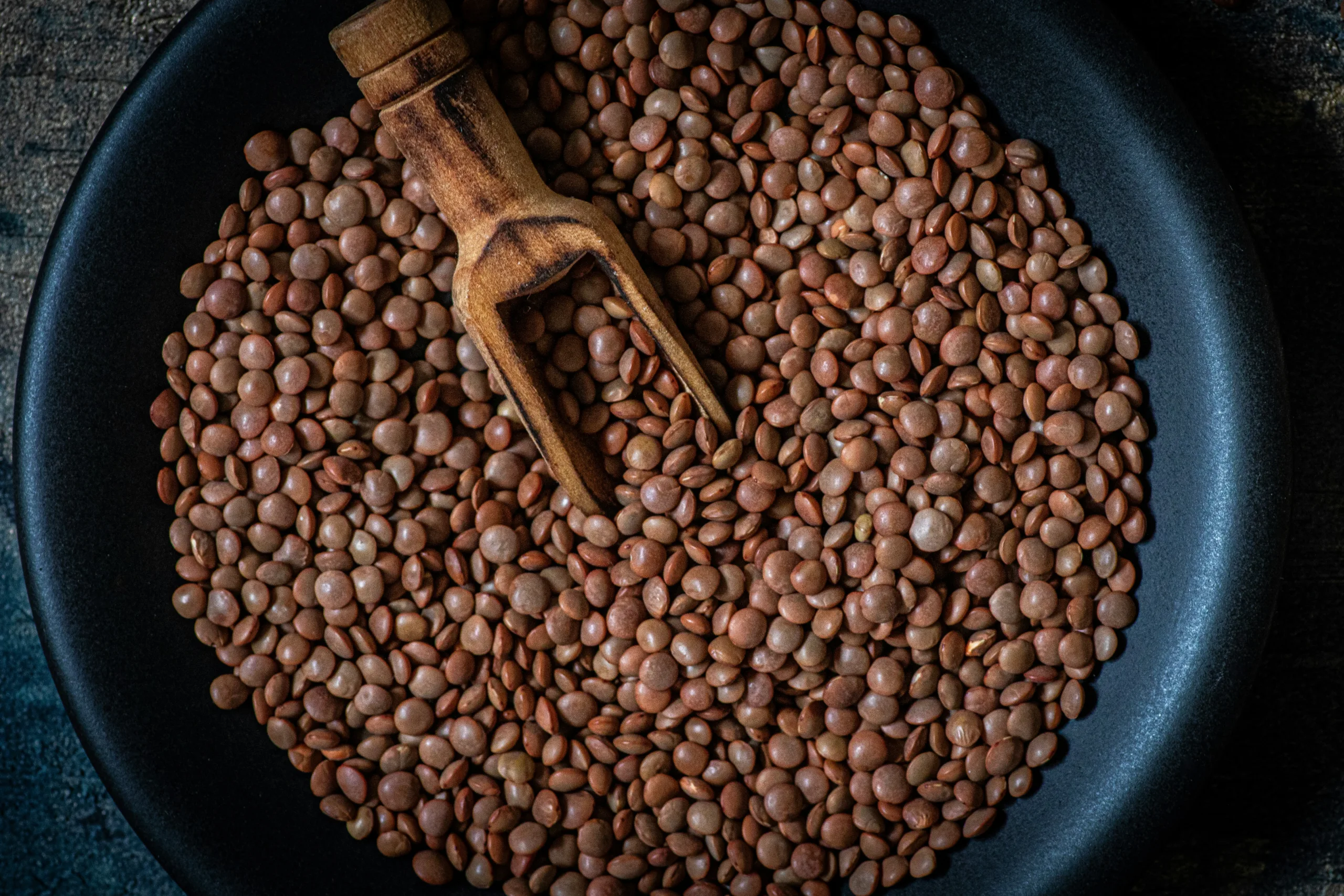 Brown lentils with a wooden spoon
