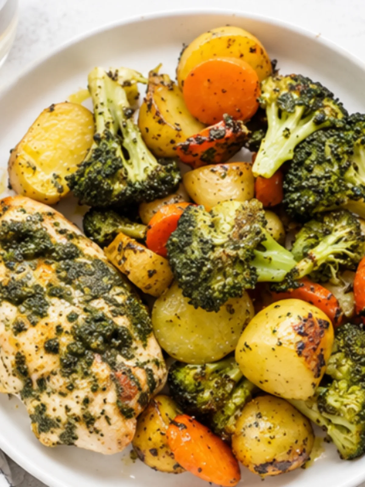 Chicken with pesto, potatoes and roasted vegetables