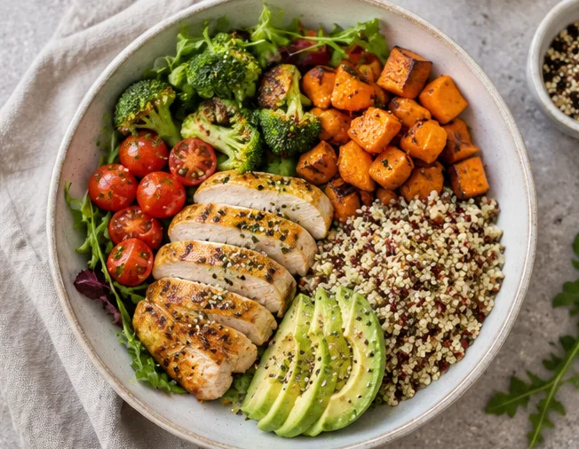 Woman eating a balanced meal with protein, vegetables and whole grains for PCOS nutrition support