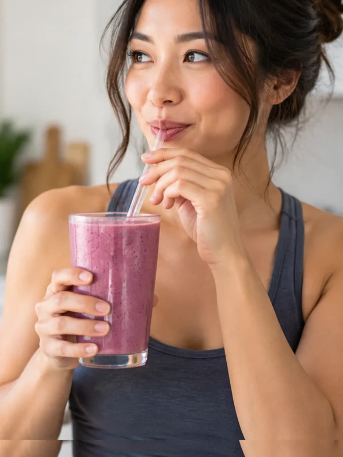 Woman drinking a berry protein smoothie for balanced nutrition during GLP-1 treatment