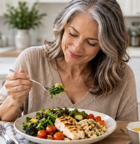Middle-aged woman eating a balanced meal for menopause nutrition support